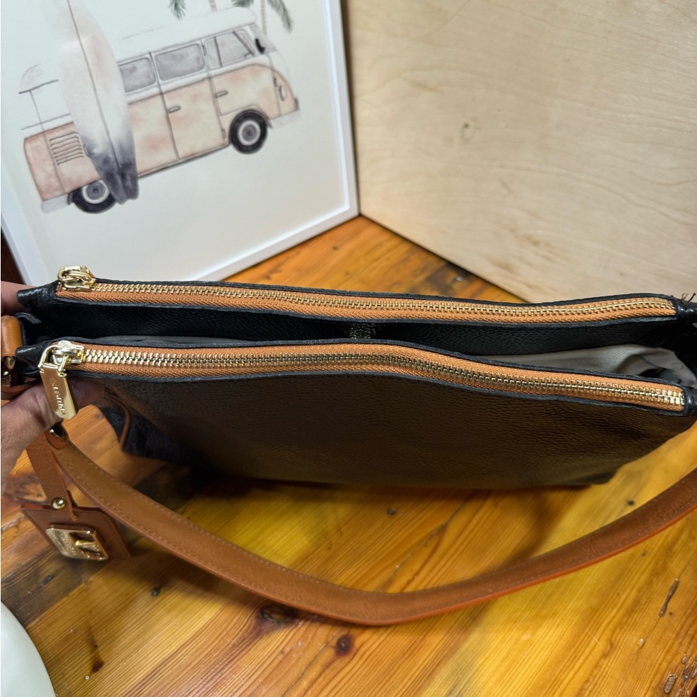 Valentina made Italy Black Shoulder Bag with Tan Strap - Picture 10 of 12